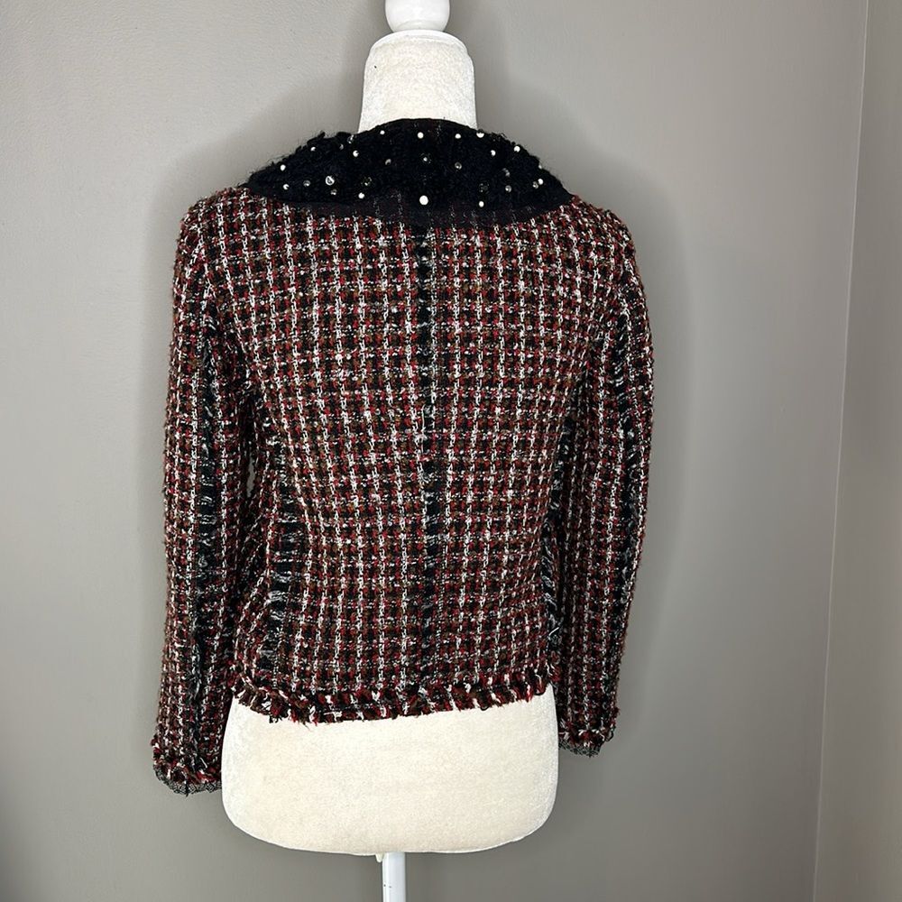 ZARA BLACK RED PLAID TWEED BEADED JACKET size small - Picture 11 of 13